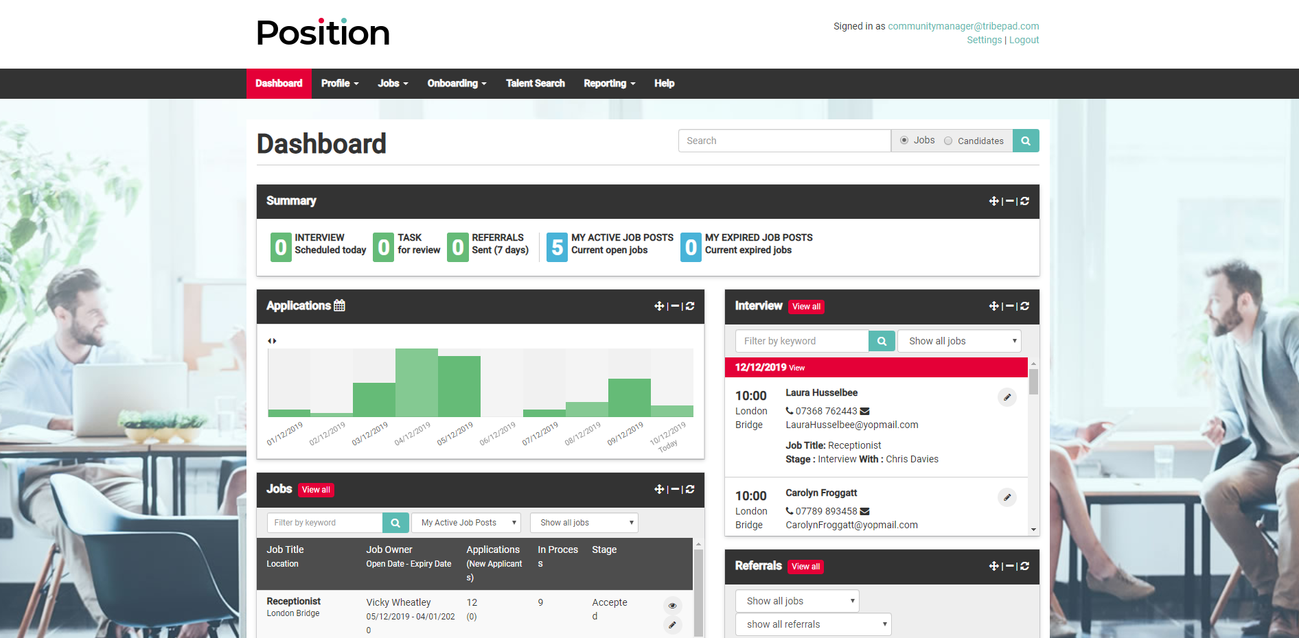 Recruiter dashboard homepage screenshot